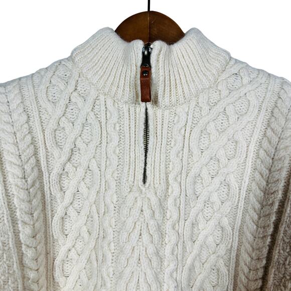 Inis Crafts Leather Tab Merino Wool Sweater Nordic Cable Knit Cream Thick Knit L - Picture 3 of 6